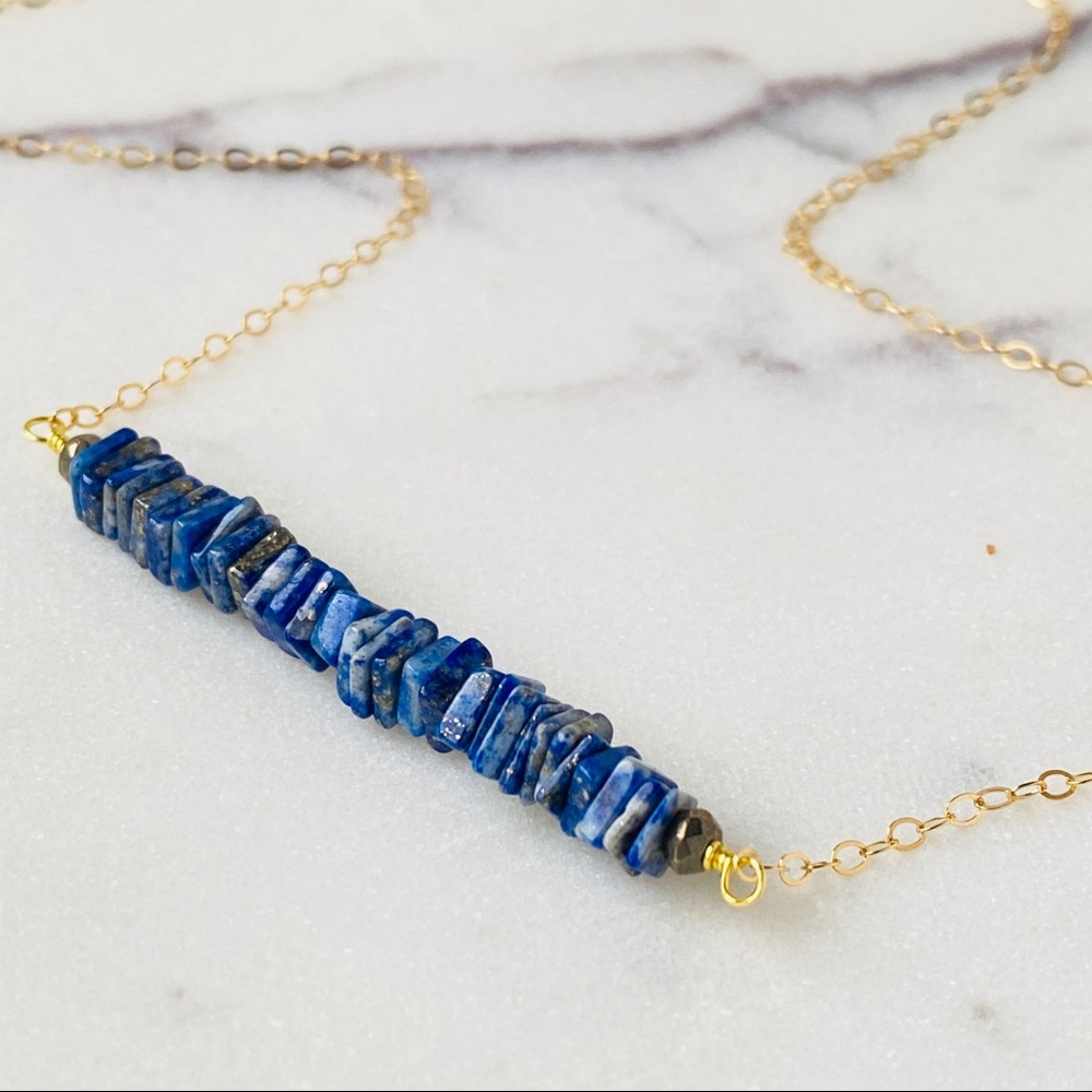 Lapis Lazuli Blue Gemstone Gold Bar Necklace
